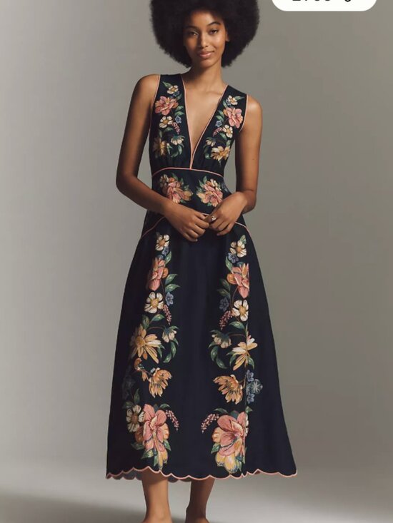 FARM Rio Dresses & Skirts - FARM Rio Maira Floral Linen Midi Dress Dark Blue V-Neck Sleeveless Fits S/M